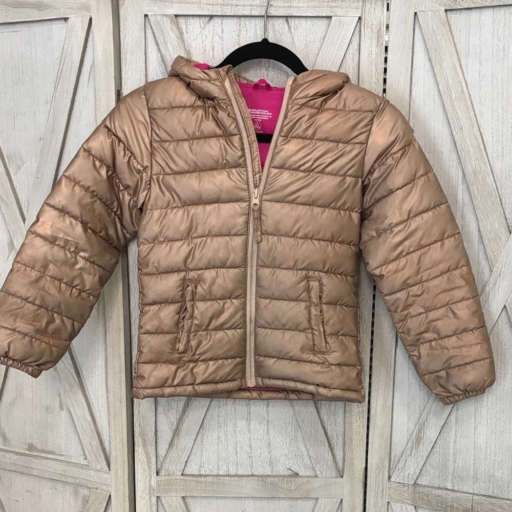 Kids Rose Gold Puffer Jacket with Pink Lining